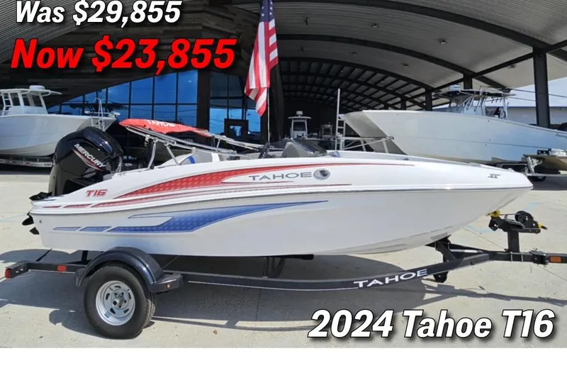 The Image of 2024 Tahoe T16 boat on sale, reduced from $29,855 to $23,855, displayed outdoors. - 0
