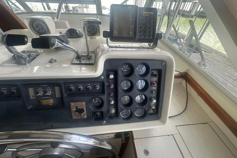 Slide: The Image of 1971 Chris-Craft Commander 42 helm with gauges, controls, and navigation equipment. - 19