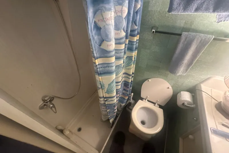 Slide: The Image of Bathroom in 1971 Chris-Craft Commander 42 boat with shower and toilet. - 49