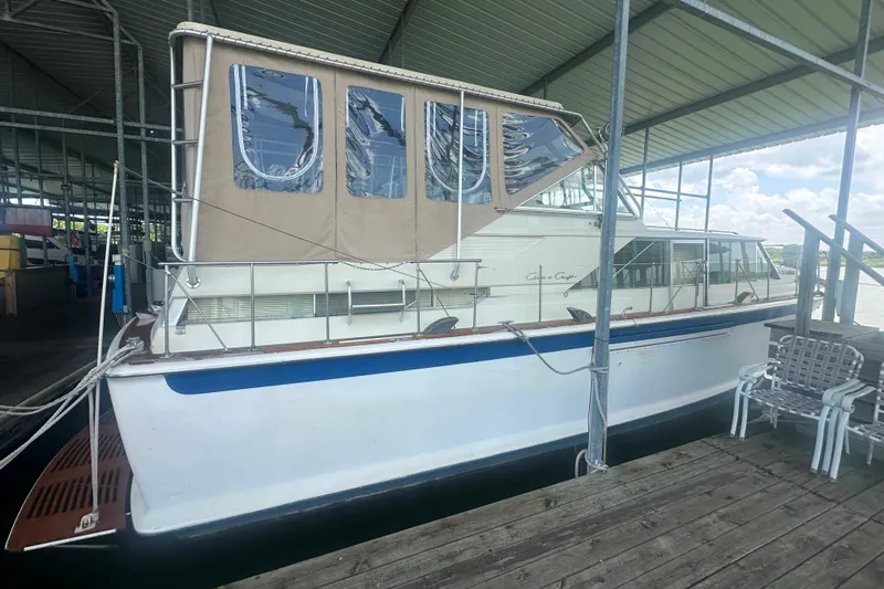 Slide: The Image of 1971 Chris-Craft Commander 42 docked under a covered marina, featuring classic design. - 5