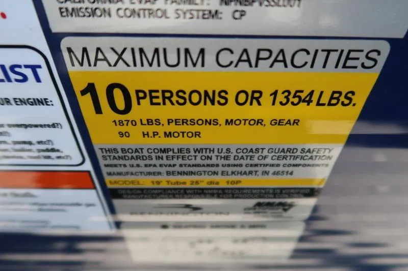 Slide: The Image of 2022 Bennington 20 SLM capacity label: 10 persons or 1354 lbs, 90 HP motor. - 11