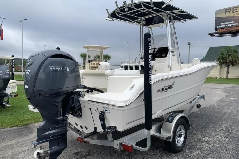 Slide: The Image of 2025 Bulls Bay 200CC boat with Yamaha engine on trailer, outdoor display. - 4