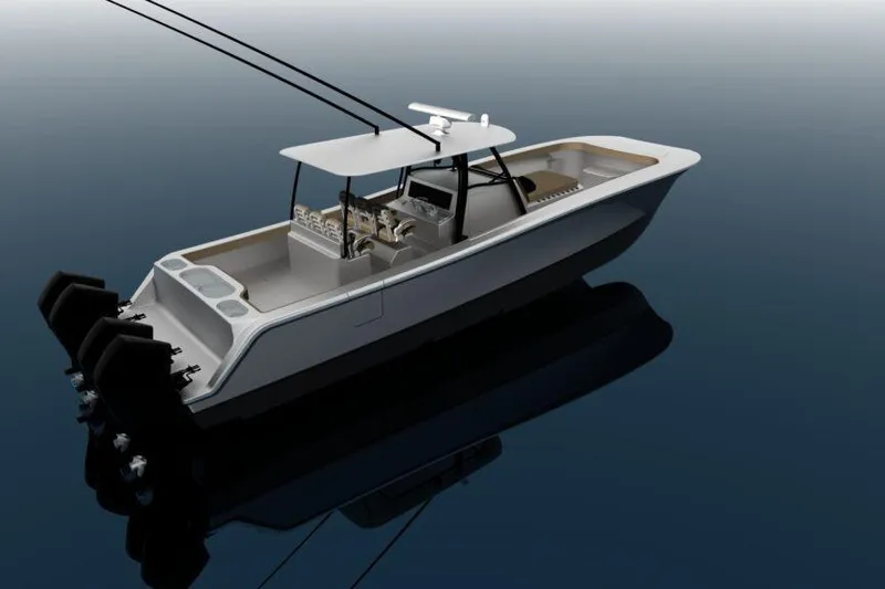 Slide: The Image of 2025 Front Runner 43 Catamaran on calm water, showcasing sleek design and powerful engines. - 2