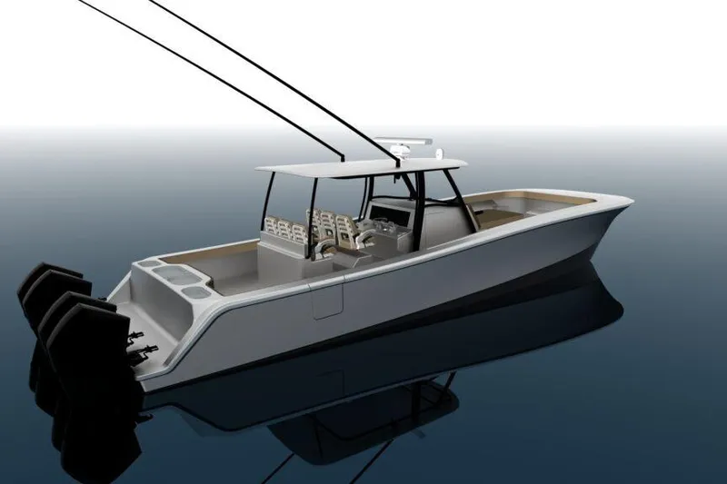 Slide: The Image of 2025 Front Runner 43 Catamaran on calm water, showcasing sleek design and powerful engines. - 3