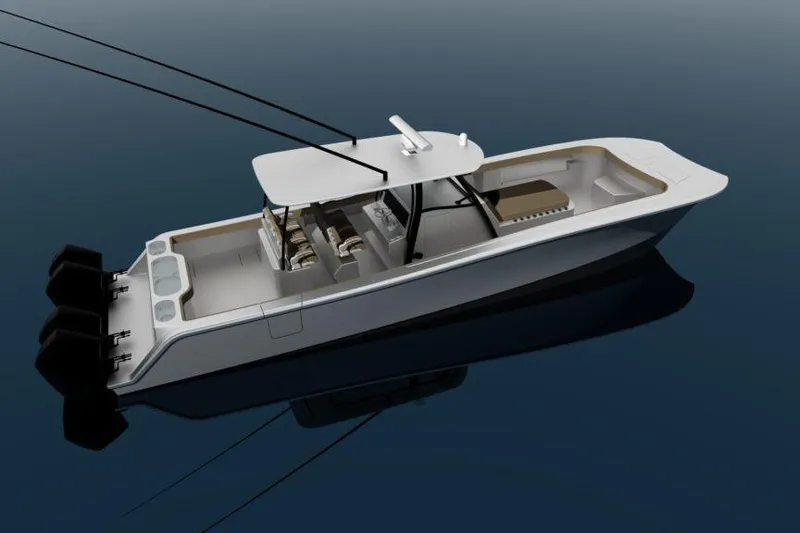 Slide: The Image of 2025 Front Runner 43 Catamaran on calm water, showcasing sleek design and modern features. - 4
