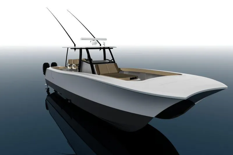 Slide: The Image of 2026 Front Runner 43 Catamaran on calm water, sleek design, fishing rods visible. - 1