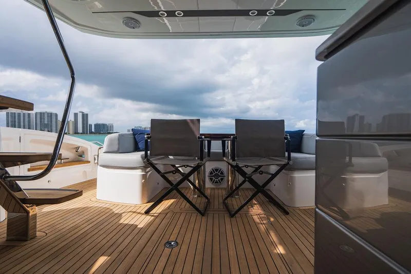 Slide: The Image of Luxurious 2022 Princess S66 yacht deck with seating, wooden flooring, and city skyline view. - 24