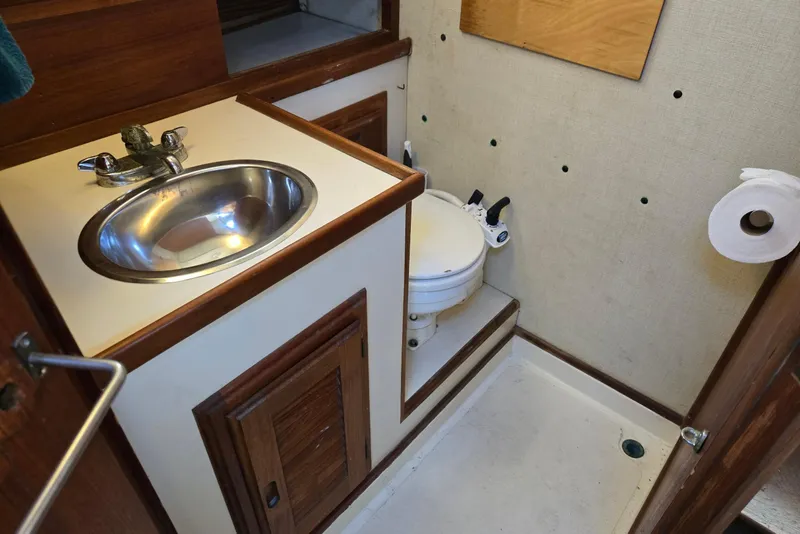 Slide: The Image of 1973 Willard Marine Vega Nomad Flybridge bathroom with sink, toilet, and shower area. - 49