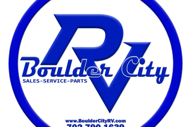 Slide: The Image of Boulder City RV logo with sales, service, parts information in blue text. - 19