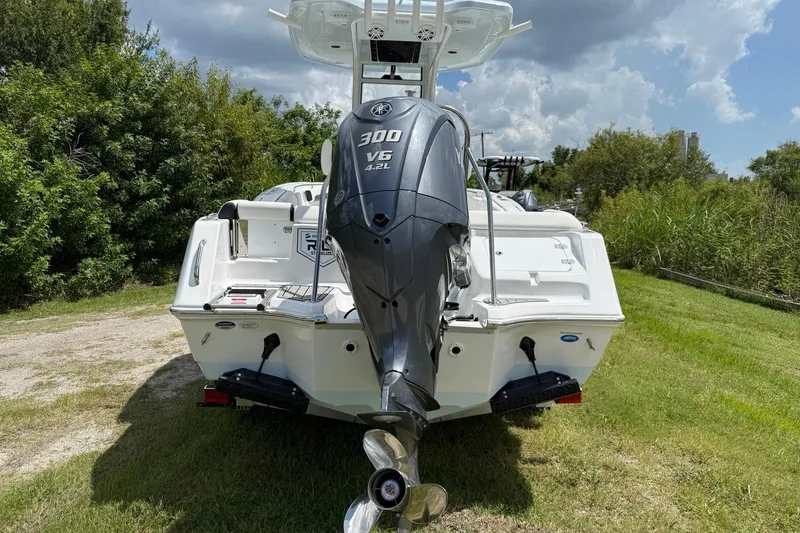 Slide: The Image of 2026 Tidewater 232 LXF boat with powerful 300 V6 engine, parked on grass. - 4