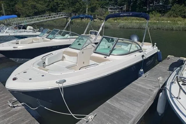 Slide: The Image of 2019 Robalo R207 Dual Console boat docked, featuring sleek design and spacious seating. - 2