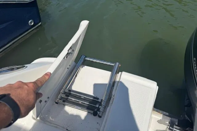 Slide: The Image of 2019 Robalo R207 Dual Console boat with foldable swim ladder on deck. - 9