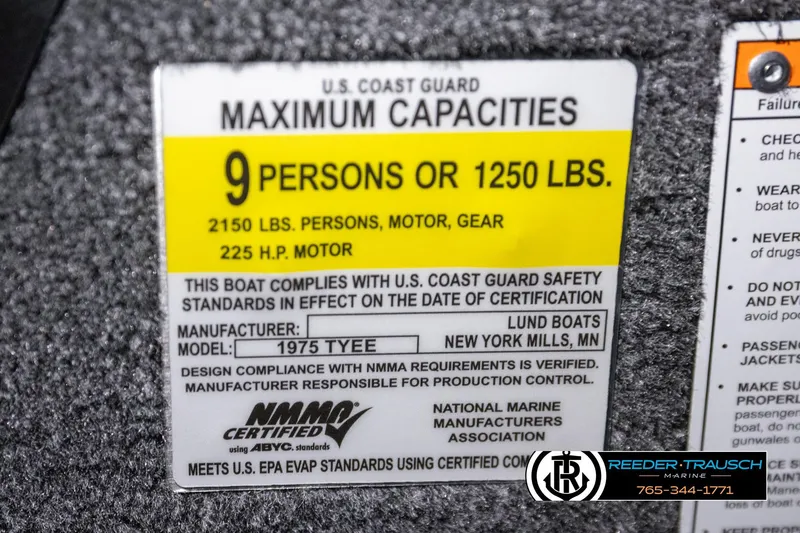 Slide: The Image of U.S. Coast Guard capacity label for 2026 Lund 1975 Tyee, 9 persons or 1250 lbs. - 63