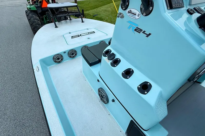 Slide: The Image of Light blue SCB R24 boat deck with rod holders and speakers, 2020 model. - 11