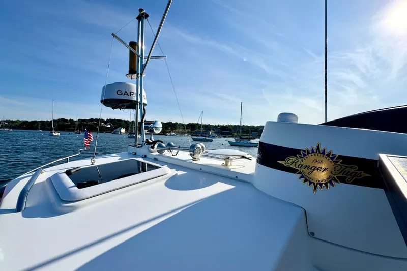 Slide: The Image of 2012 Ranger 27 boat on water, sunny day, with American flag and Garmin equipment. - 16