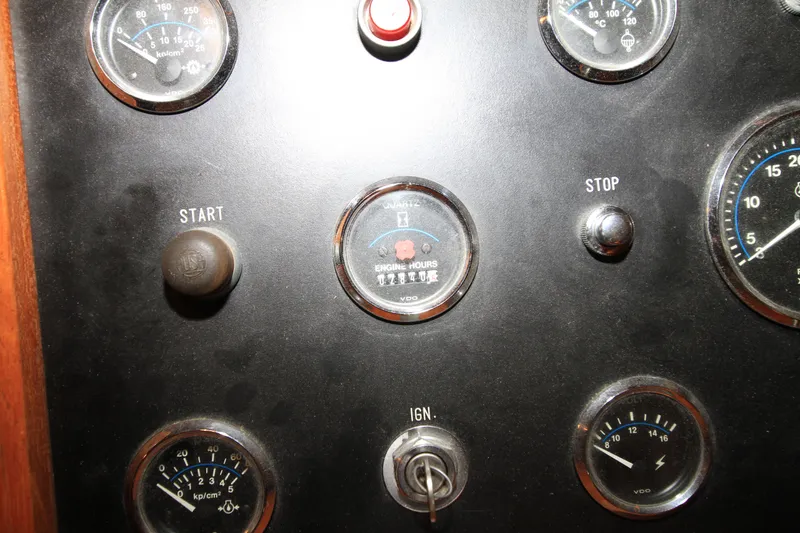 Slide: The Image of Control panel of a 1987 Ocean Alexander 42 yacht with gauges and switches. - 41