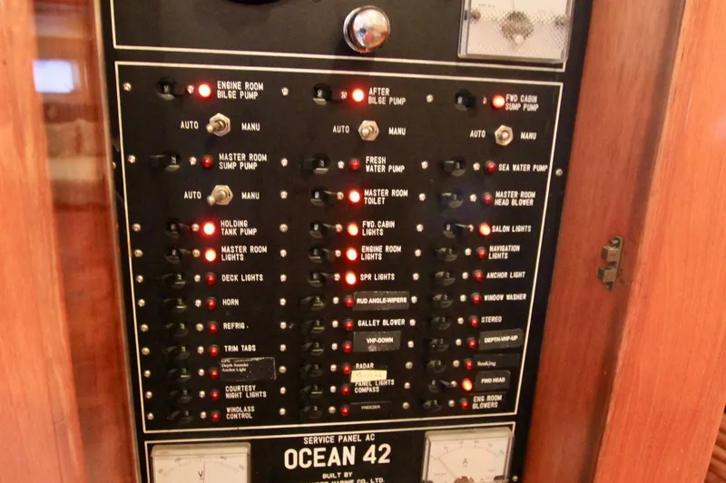 Slide: The Image of Control panel of a 1987 Ocean Alexander 42 yacht with labeled switches and indicators. - 49
