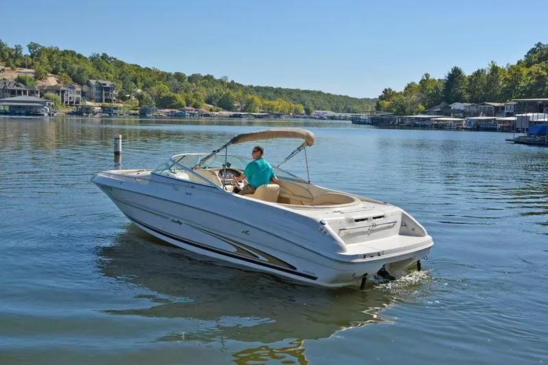 Slide: The Image of 2000 Sea Ray 260 Bow Rider on a serene lake with lush green surroundings. - 7