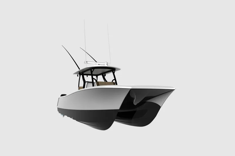 Slide: The Image of 2026 Front Runner 34 Catamaran, sleek design, dual hulls, modern fishing boat. - 3