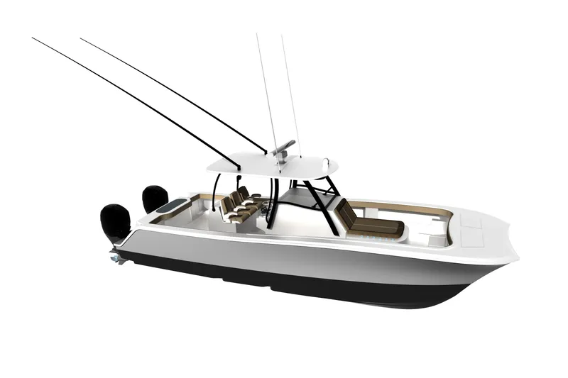 The Image of 2026 Front Runner 34 Catamaran, sleek design, dual engines, modern fishing boat. - 1
