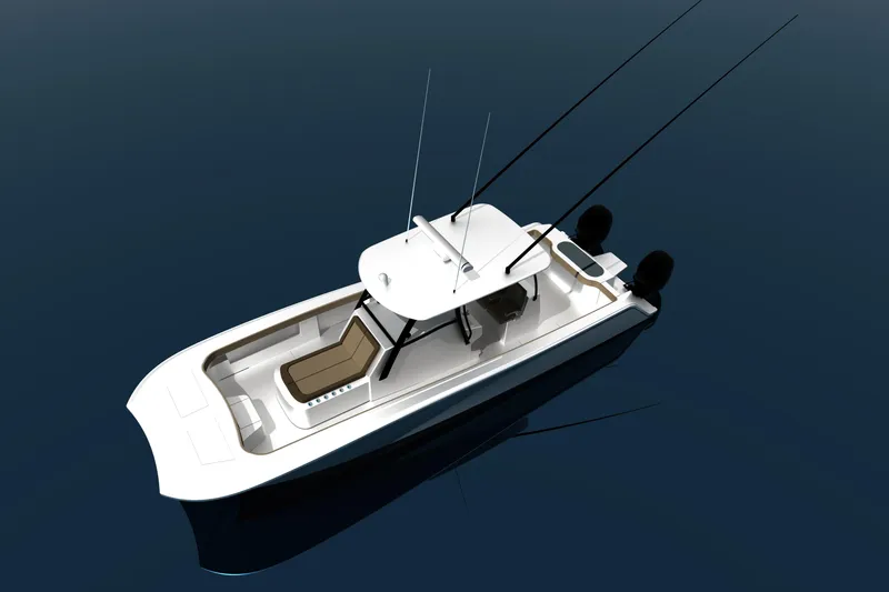 Slide: The Image of 2026 Front Runner 34 Catamaran on calm water, aerial view. - 6