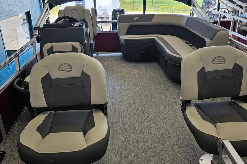 Slide: The Image of Interior of 2026 Sun Tracker BB-16 XL Select pontoon boat with plush seating. - 3