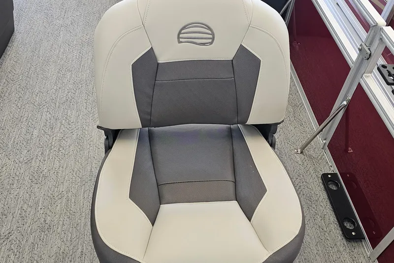Slide: The Image of Sun Tracker BB-16 XL Select 2026 boat seat, gray and white upholstery, modern design. - 5
