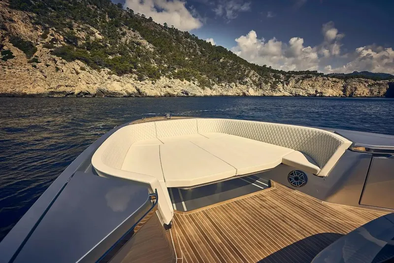 Slide: The Image of Luxurious 2023 Frauscher 1414 Demon yacht interior with scenic coastal backdrop. - 4