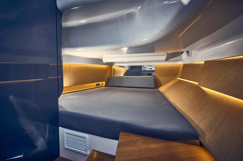 Slide: The Image of Luxurious interior cabin of 2023 Frauscher 1414 Demon yacht with modern lighting. - 6