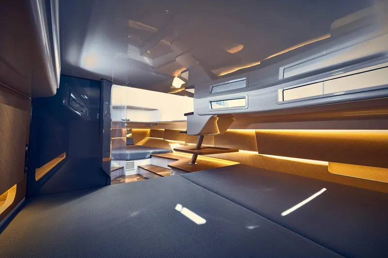 Slide: The Image of Luxurious interior of 2023 Frauscher 1414 Demon yacht with modern design and ambient lighting. - 7
