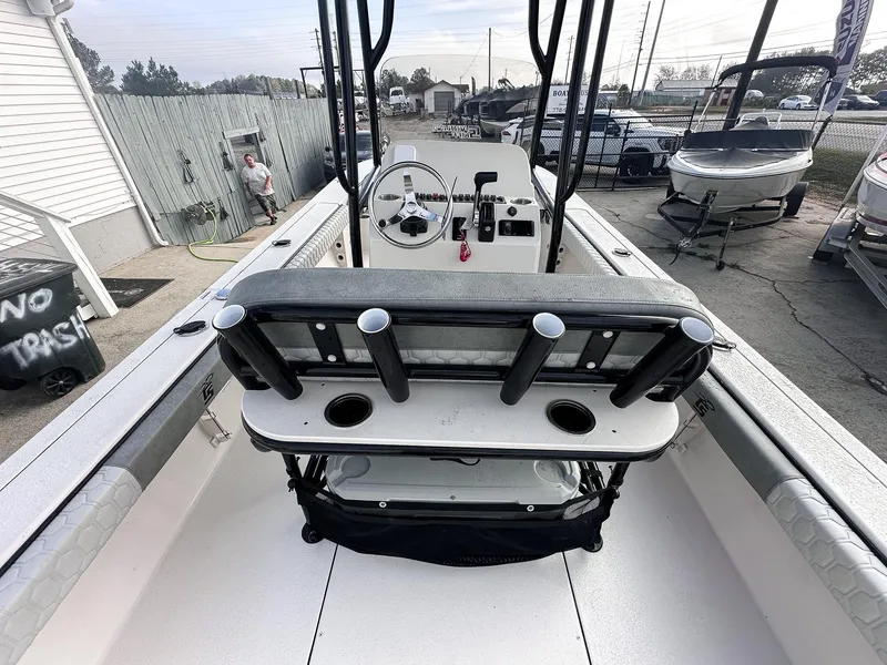 Slide: The Image of 2026 Carolina Skiff 22 Ultra Elite boat on trailer, sunny day, outdoor display. - 26