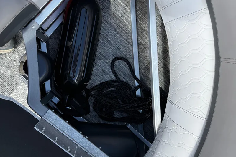 Slide: The Image of 2022 Avalon Catalina VRL boat interior with seating, rope, and black fender. - 38