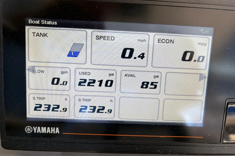 Slide: The Image of Display screen of 2022 Pursuit S 288 Sport boat showing fuel and speed data. - 21