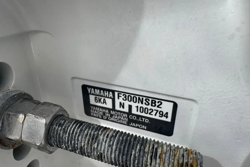 Slide: The Image of Yamaha engine label on 2022 Pursuit S 288 Sport boat, model F300NSB2. - 46