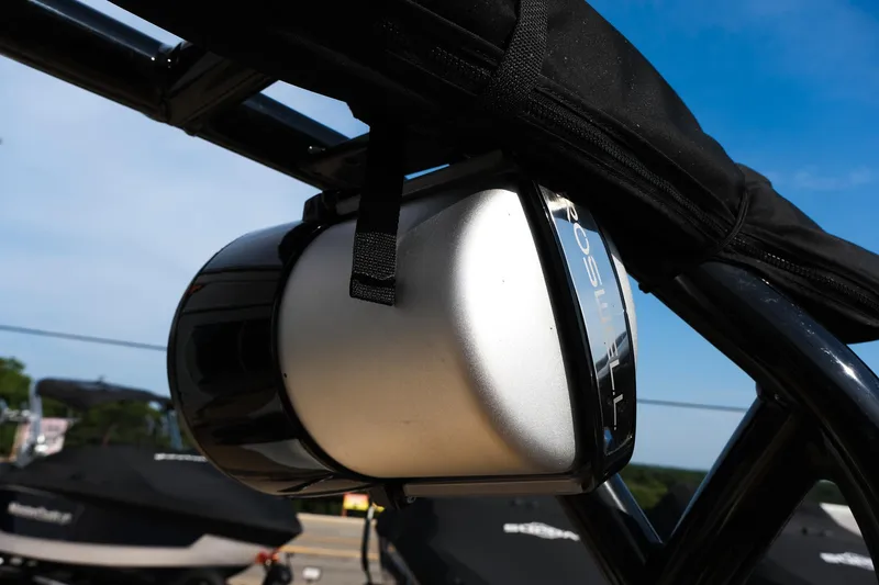 Slide: The Image of 2023 Moomba Mondo boat speaker detail against blue sky background. - 9