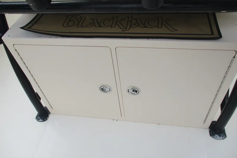 Slide: The Image of Storage compartment on a 2016 BlackJack 256 Bay boat, featuring a BlackJack logo. - 14