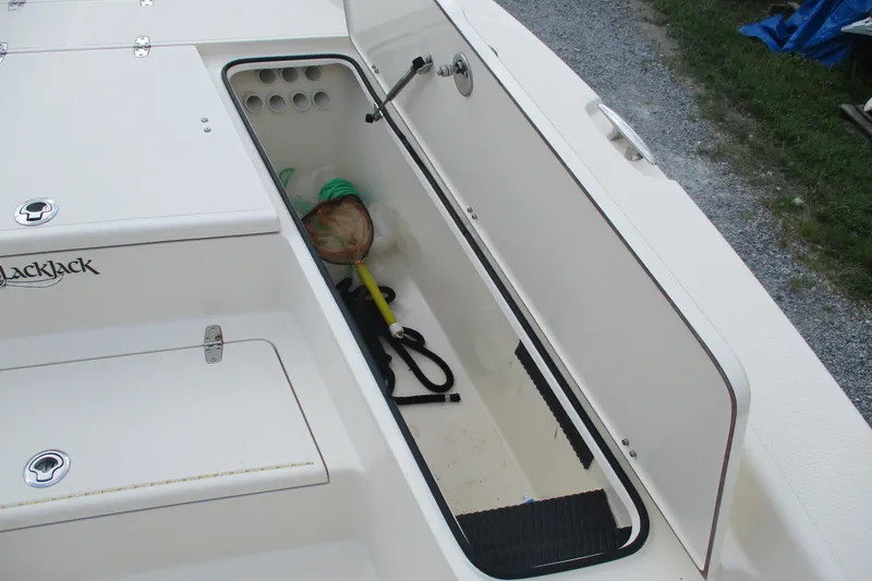 Slide: The Image of 2016 BlackJack 256 Bay boat storage compartment with open hatch and equipment inside. - 18