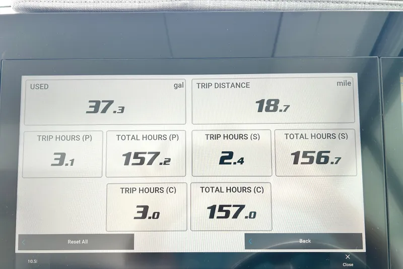 Slide: The Image of Dashboard display of 2024 Regal 42 FXO showing fuel usage and trip data. - 60