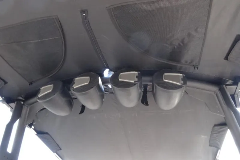 Slide: The Image of 2024 Axis T220 boat speakers mounted under a canopy. - 10