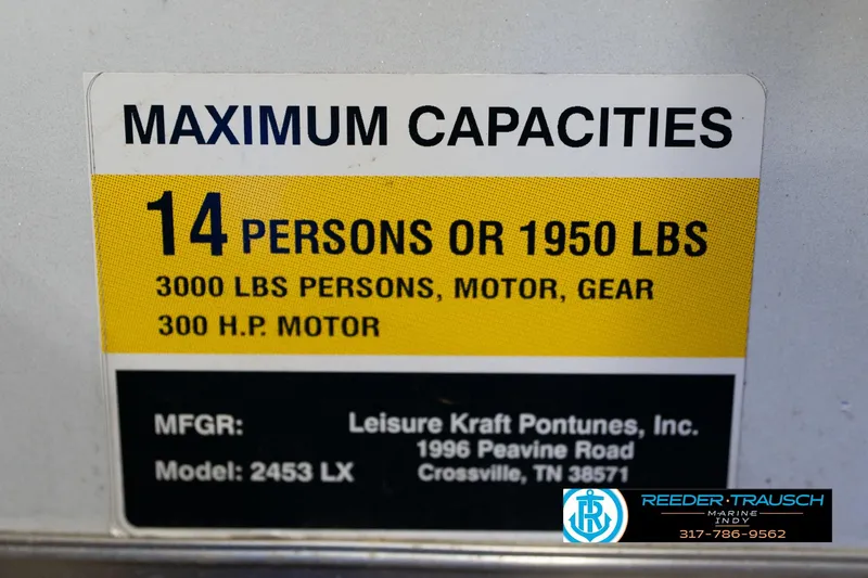 Slide: The Image of Leisurecraft 2435 LX 2020 capacity label: 14 persons, 1950 lbs, 3000 lbs total, 300 HP motor. - 55