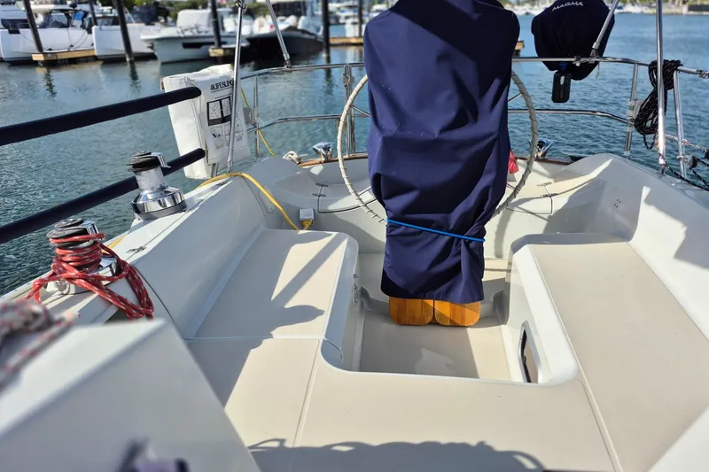 Slide: The Image of Cockpit of 1992 Pacific Seacraft Ericson 34 sailboat, docked at marina. - 11