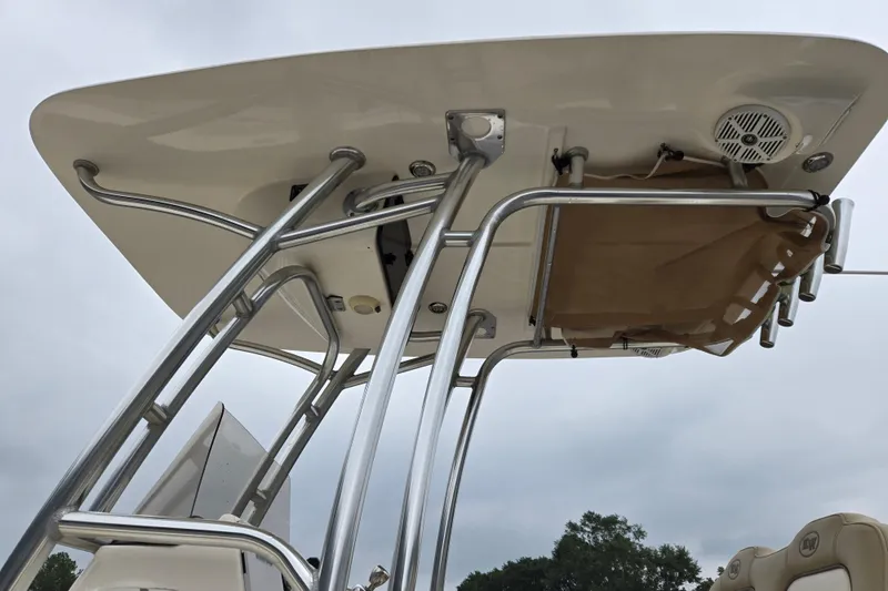 Slide: The Image of 2018 Key West 203 FS boat T-top with stainless steel frame and speaker. - 18