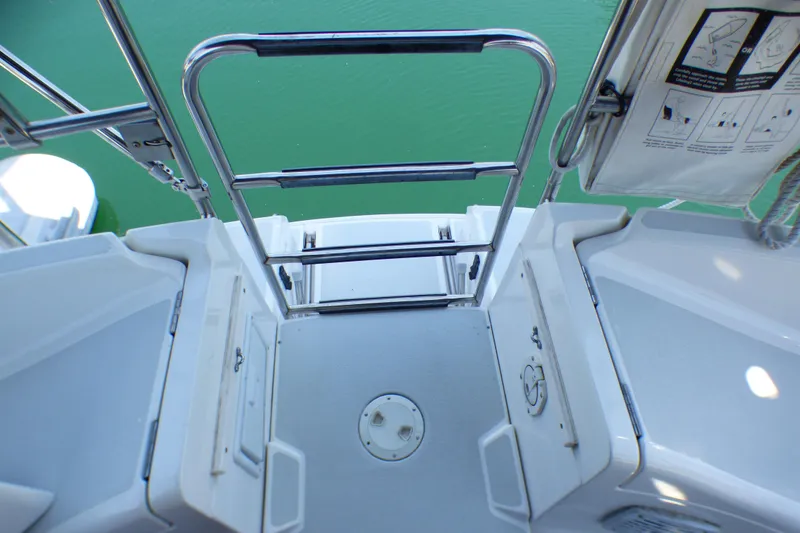 Slide: The Image of Sailboat deck view, Hunter 40.5, 1993 model, with stainless steel ladder and storage compartments. - 18