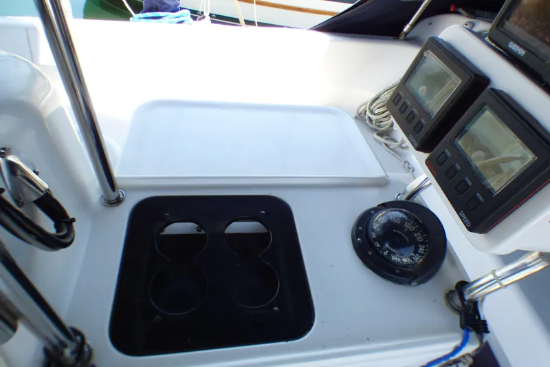 Slide: The Image of Cockpit of 1993 Hunter 40.5 sailboat with navigation instruments and compass. - 50