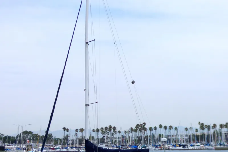 Slide: The Image of Sailboat mast of 1993 Hunter 40.5 against marina backdrop with palm trees. - 73
