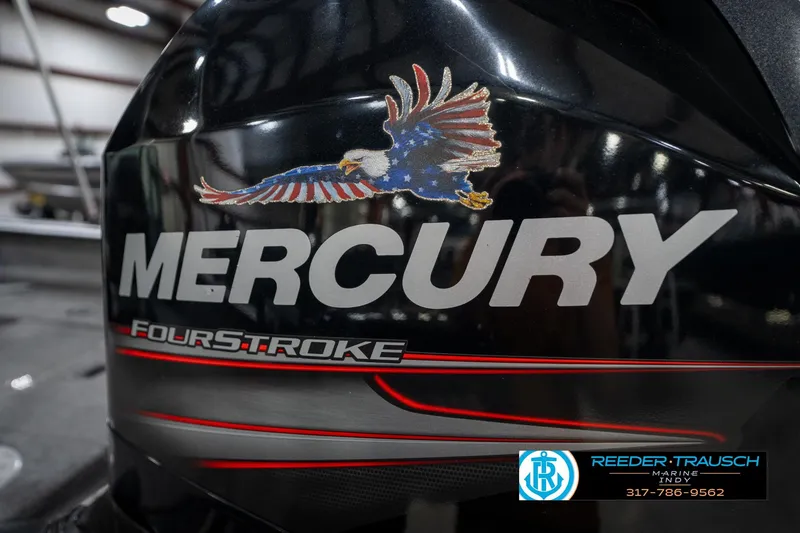 Slide: The Image of Mercury Four-Stroke engine on 2014 Lund 1650 Rebel XS boat, featuring eagle graphic. - 61