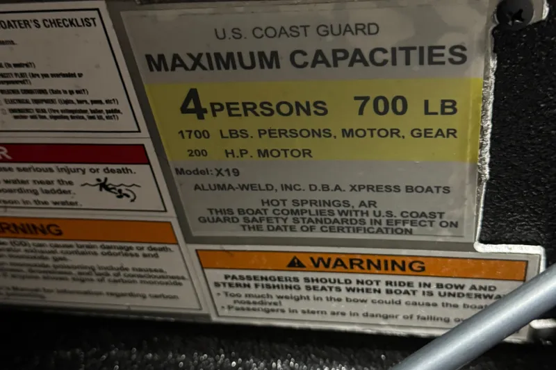 Slide: The Image of U.S. Coast Guard capacity label for Xpress X19 Pro, 2025 model, 4 persons, 700 lbs. - 6