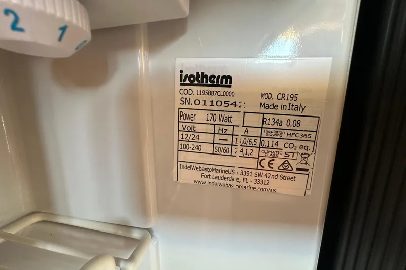 Slide: The Image of Isotherm refrigerator label on Eagle 40 Pilothouse Trawler, 2000 model, showing specifications. - 25