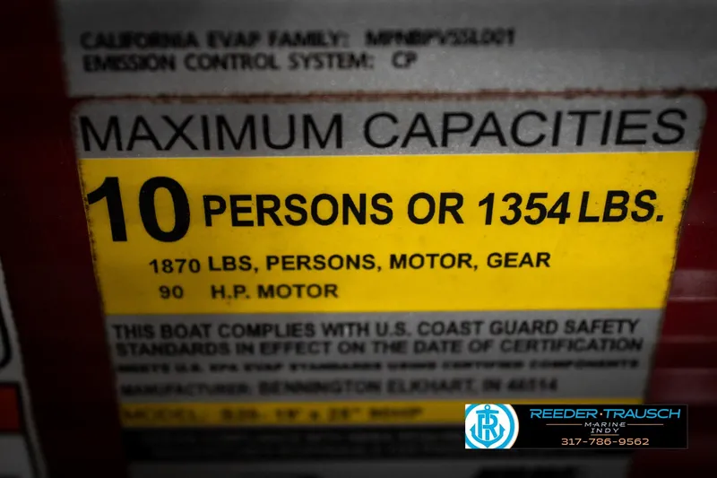 Slide: The Image of 2021 Bennington 20 SVSR capacity label: 10 persons or 1354 lbs, 90 HP motor. - 57