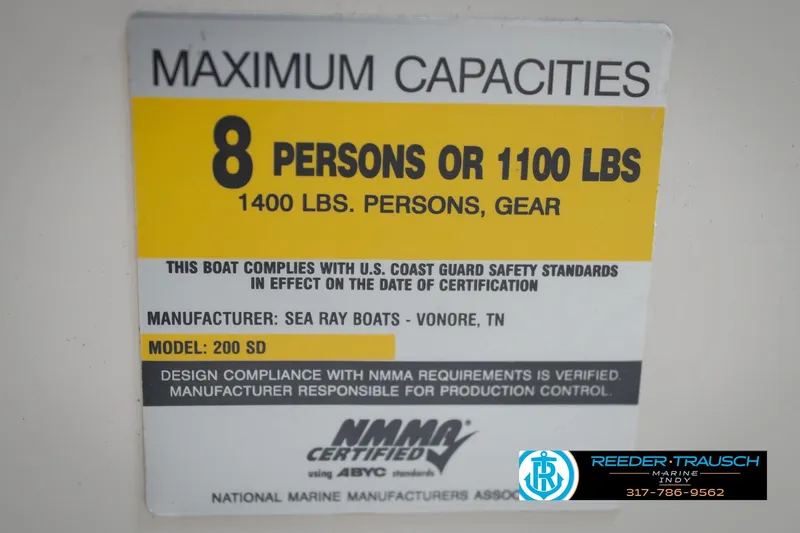 Slide: The Image of Maximum capacity label for 2005 Sea Ray 200 Sundeck, 8 persons or 1100 lbs. - 58